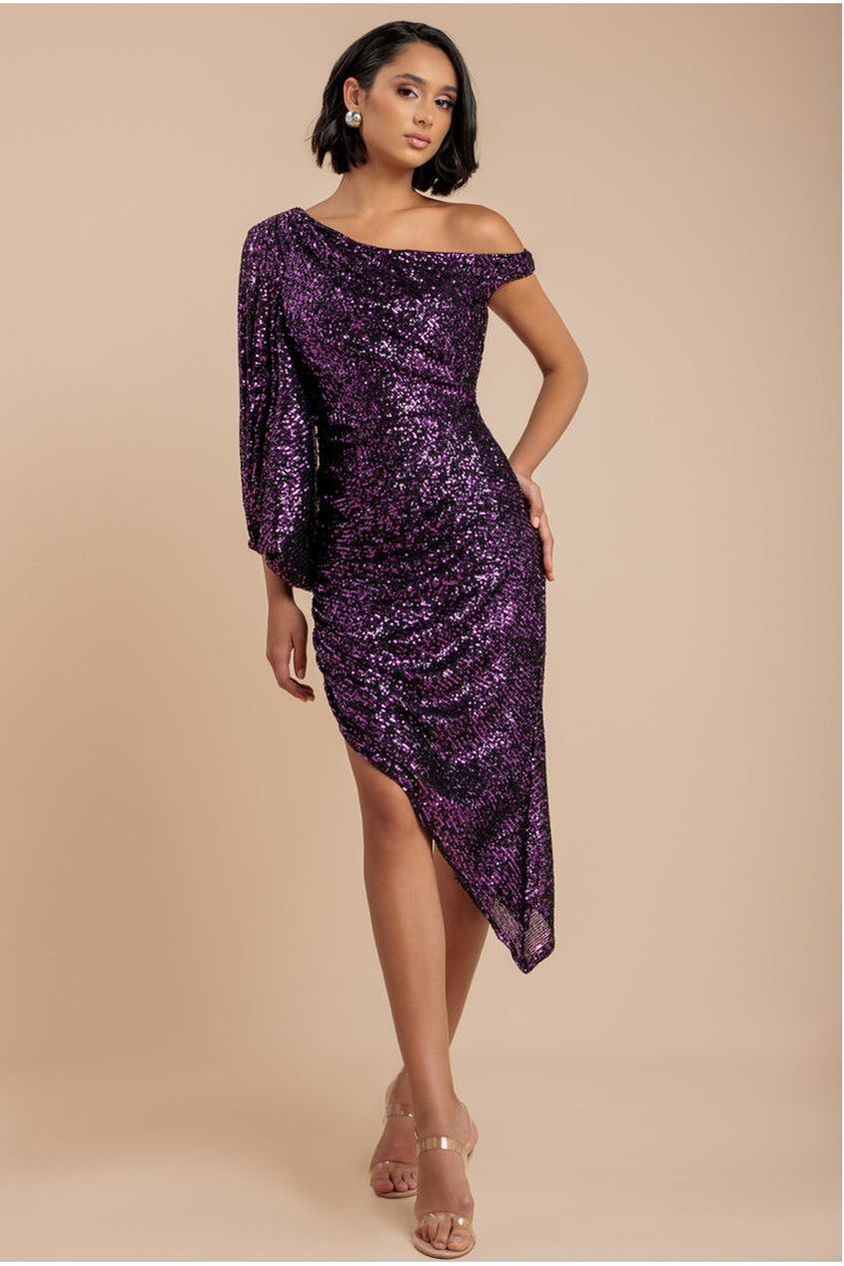 One Shoulder Asymmetric Midi Dress - Purple DR3702
