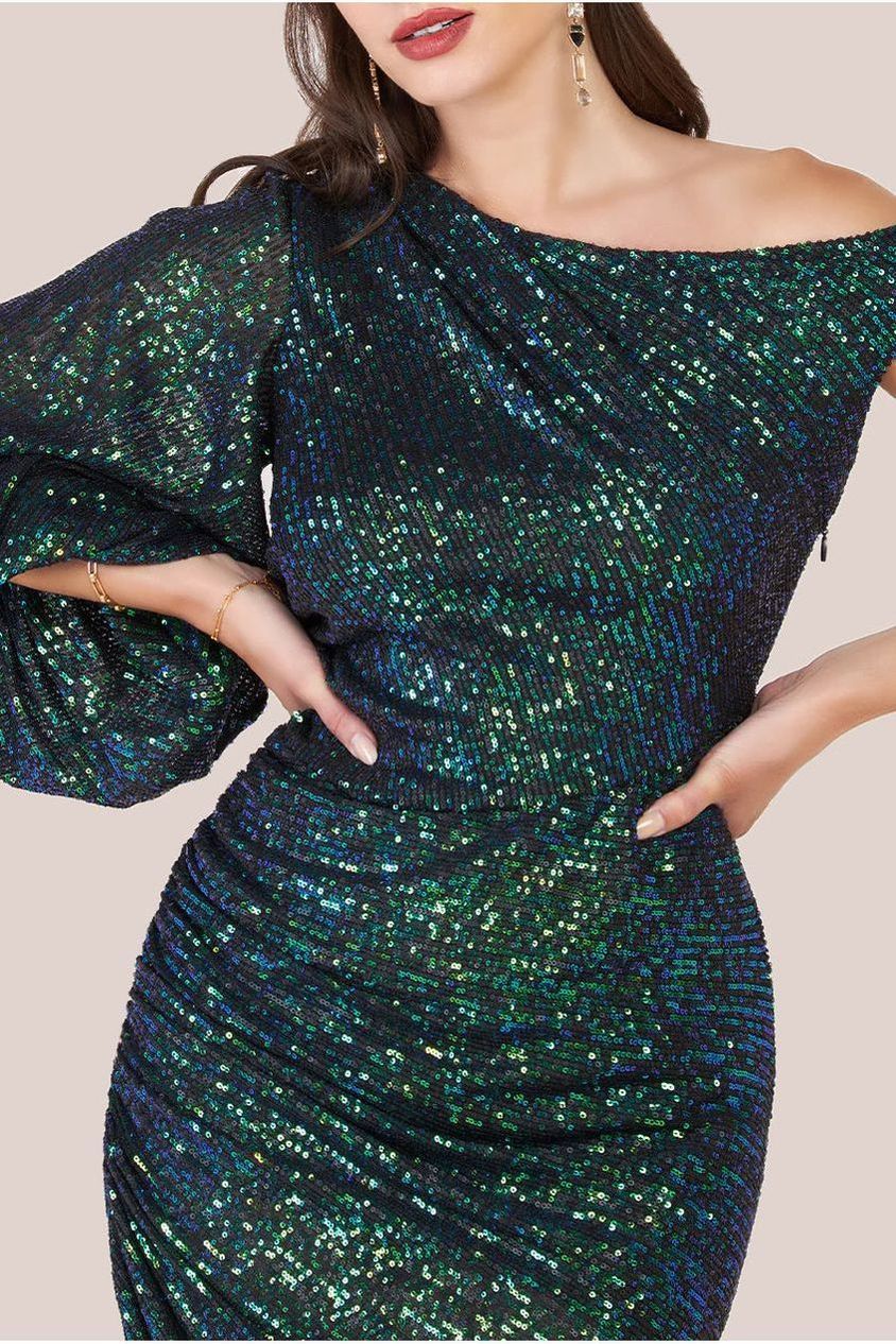 One Shoulder Asymmetric Midi Dress - Emerald Green DR3702