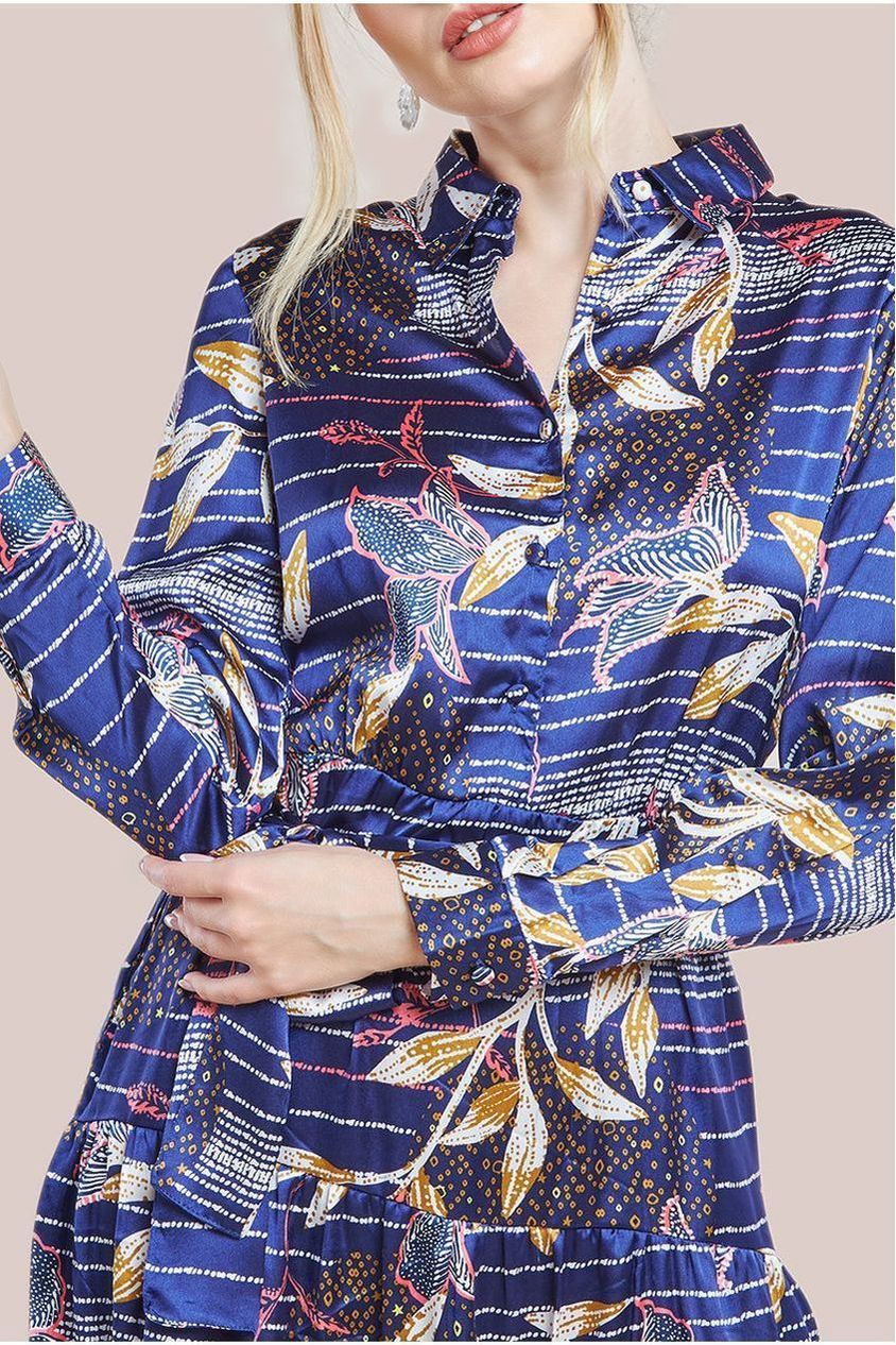 Printed Tiered Shirt Midi Dress - Navy DR3708