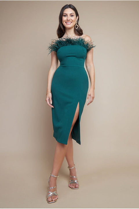 Feather Boobtube Midi Dress - Emerald Green by Goddiva