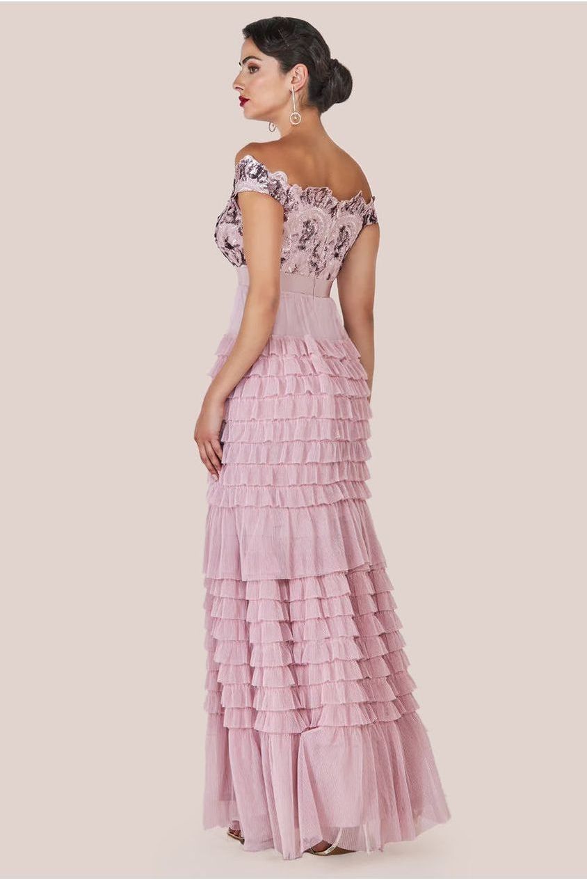 Scallop Bardot Ruffle Mesh Maxi - Blush DR3742
