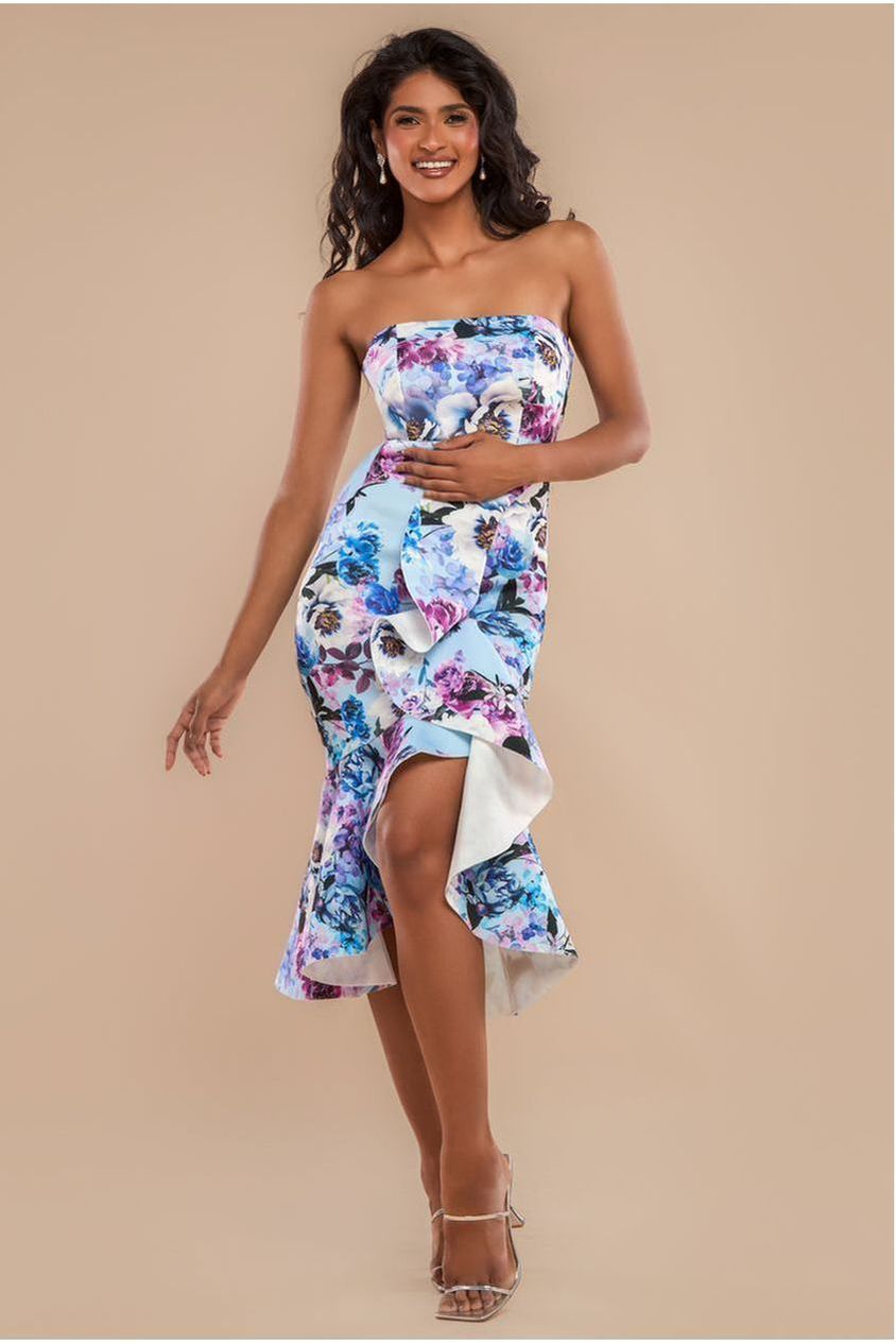 Ruffled Floral Scuba Foam Bandeau Midi Dress - Blue DR3745