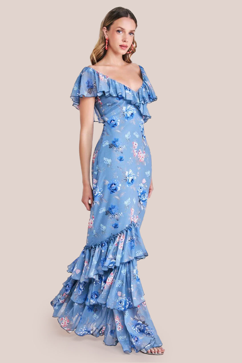 Floral Printed Chiffon Ruffle Maxi - Blue DR3750