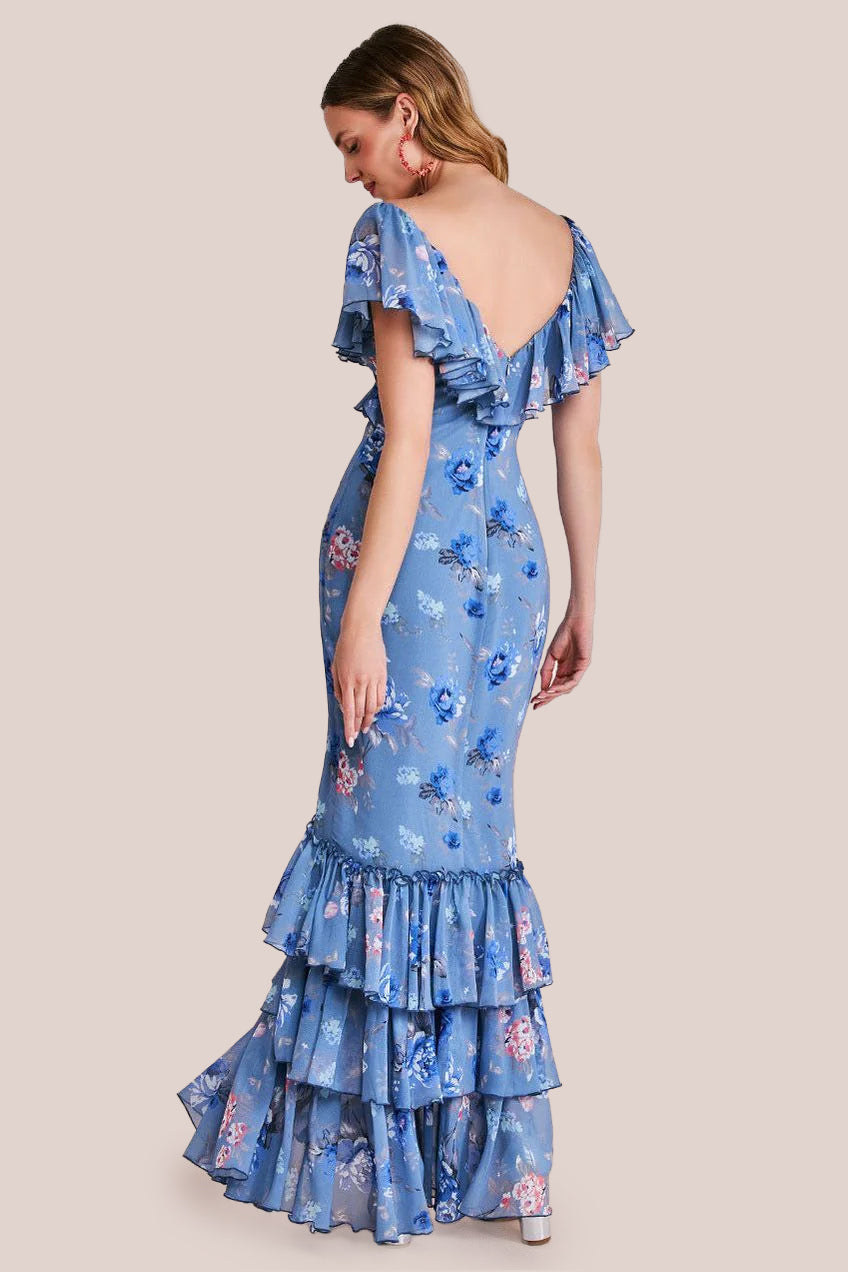 Floral Printed Chiffon Ruffle Maxi - Blue DR3750