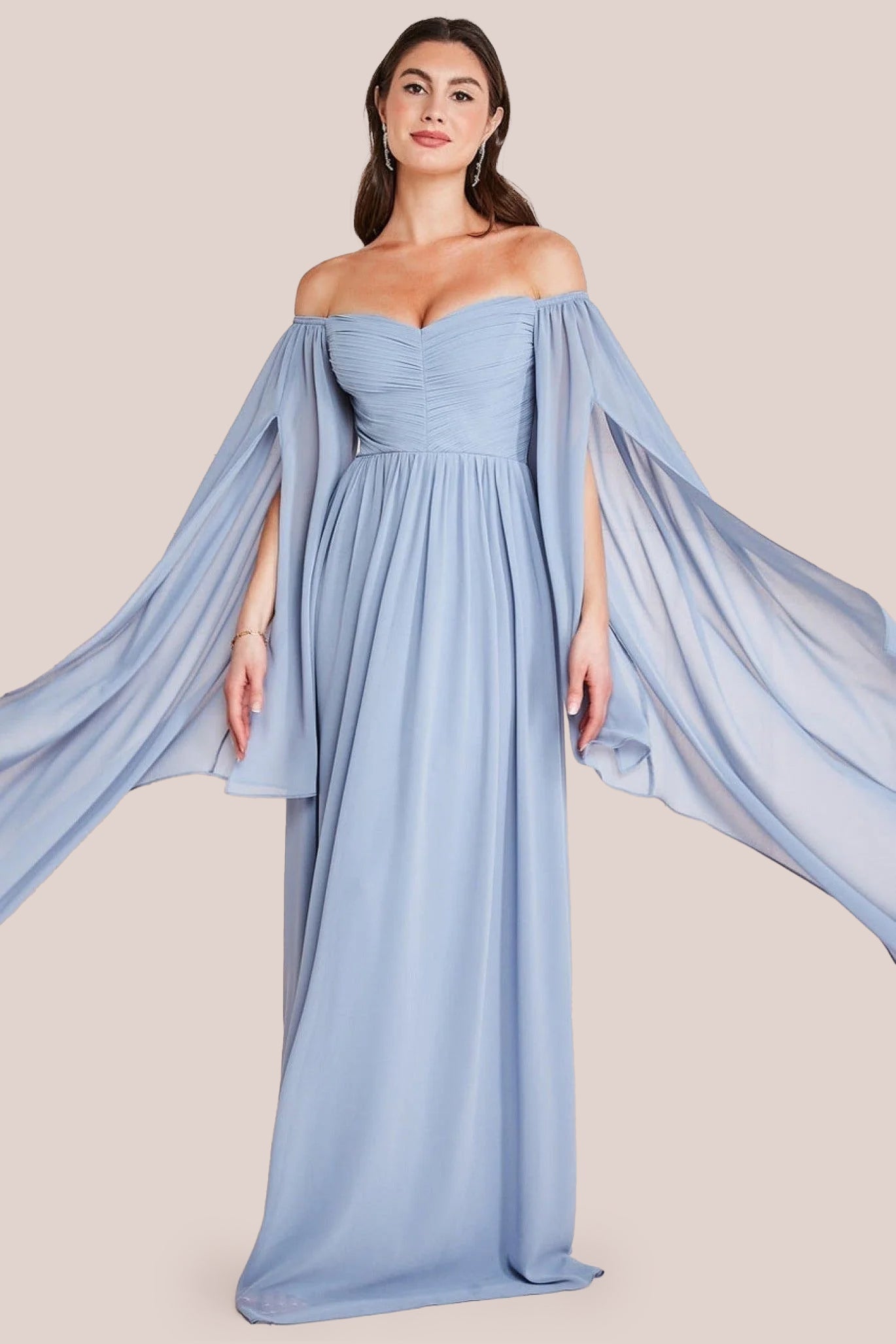 Chiffon Off The Shoulder Maxi With Cape Sleeves - Blue DR3780