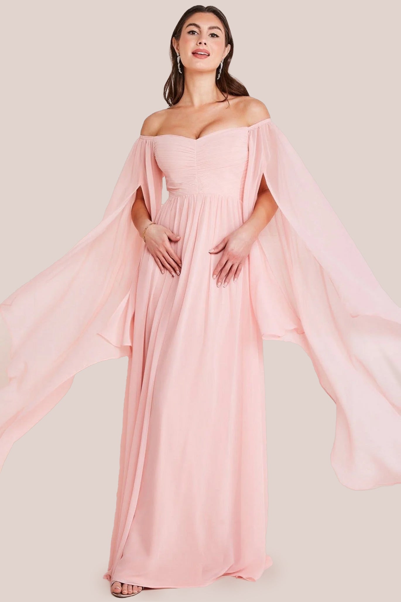 Chiffon Off The Shoulder Maxi With Cape Sleeves - Blush DR3780