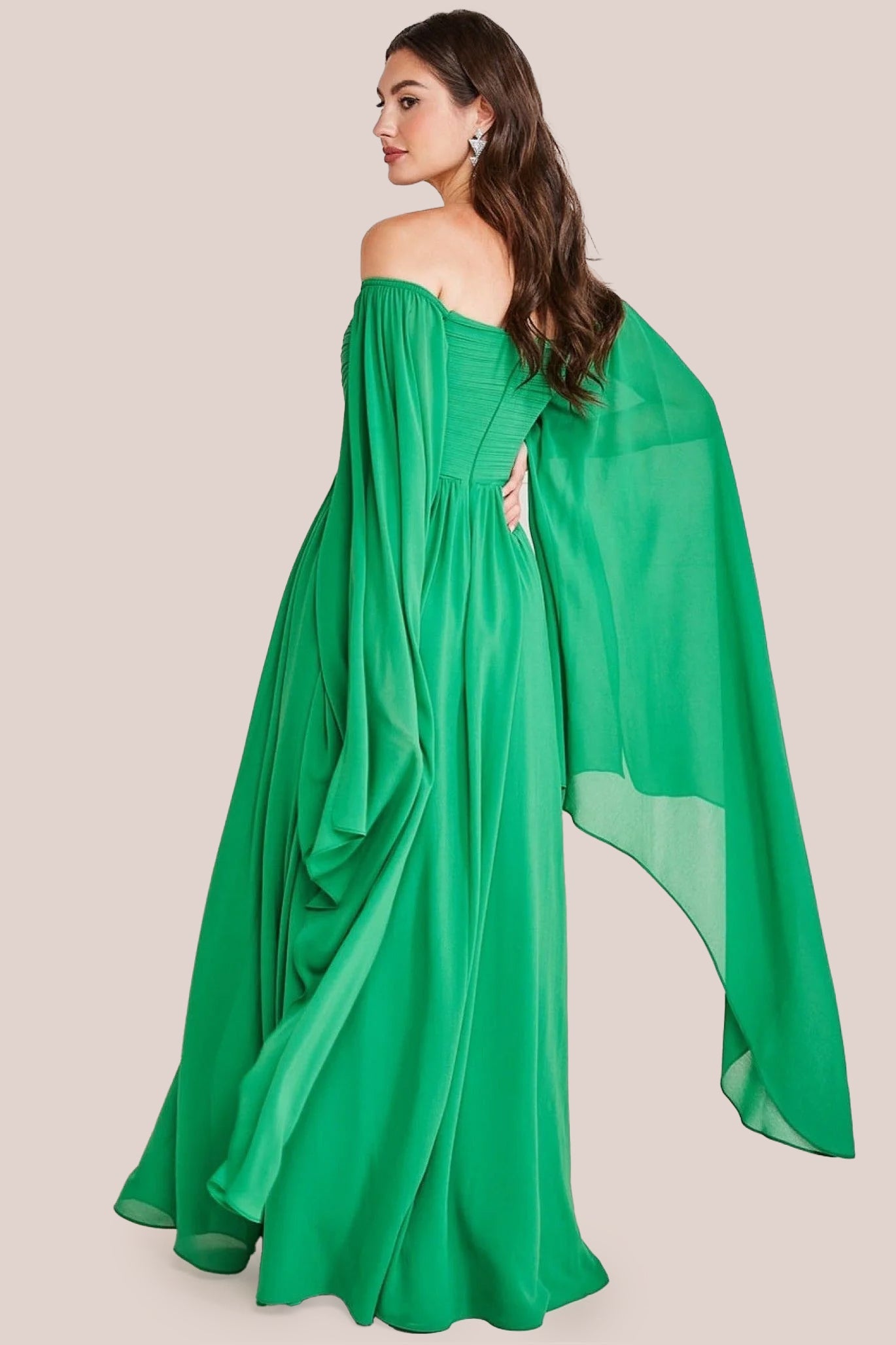 Chiffon Off The Shoulder Maxi With Cape Sleeves - Green DR3780