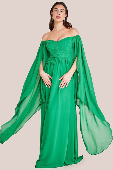 Chiffon Off The Shoulder Maxi With Cape Sleeves - Green by Goddiva