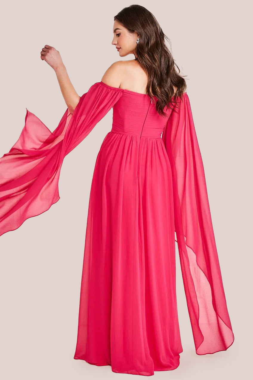 Chiffon Off The Shoulder Maxi With Cape Sleeves  - Hot Pink DR3780