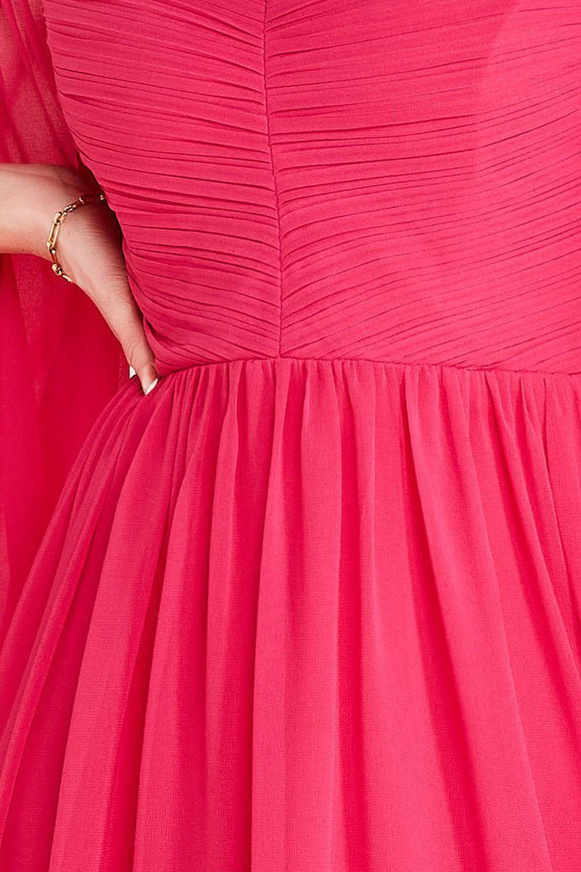 Chiffon Off The Shoulder Maxi With Cape Sleeves  - Hot Pink DR3780