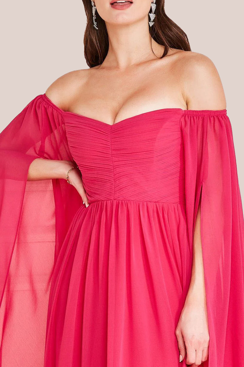 Chiffon Off The Shoulder Maxi With Cape Sleeves  - Hot Pink DR3780