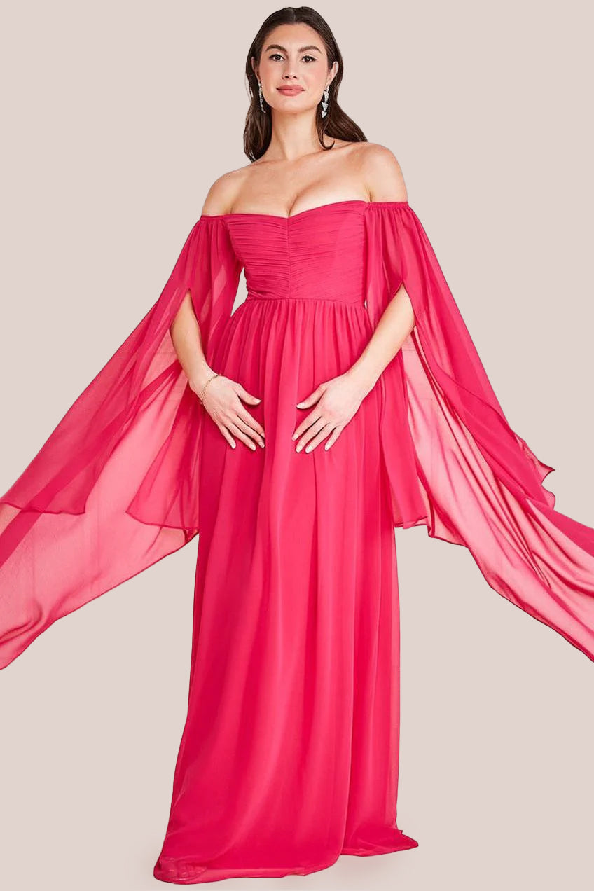 Chiffon Off The Shoulder Maxi With Cape Sleeves  - Hot Pink DR3780
