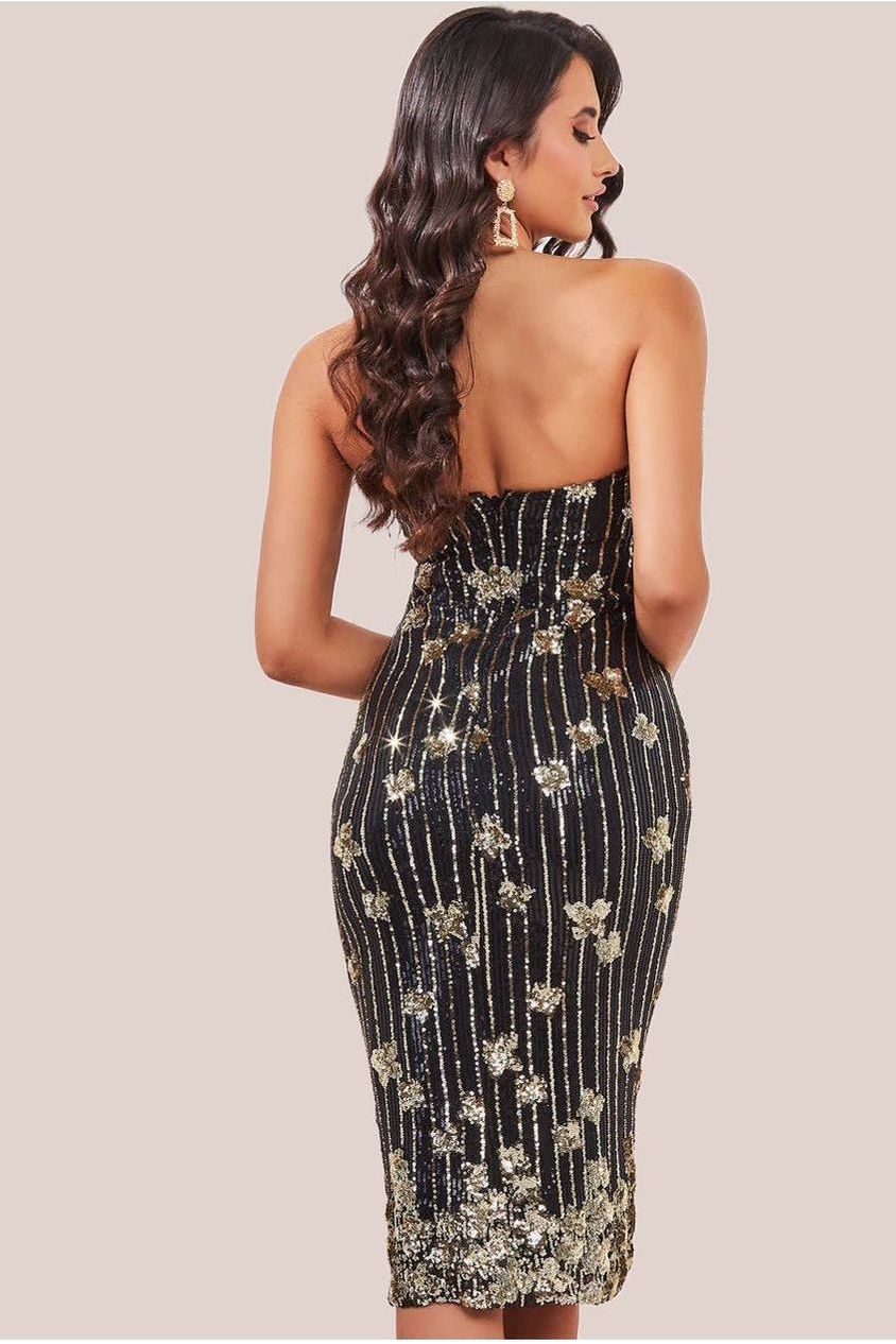 Sequin And Feather Boobtube Midi - Black DR3783