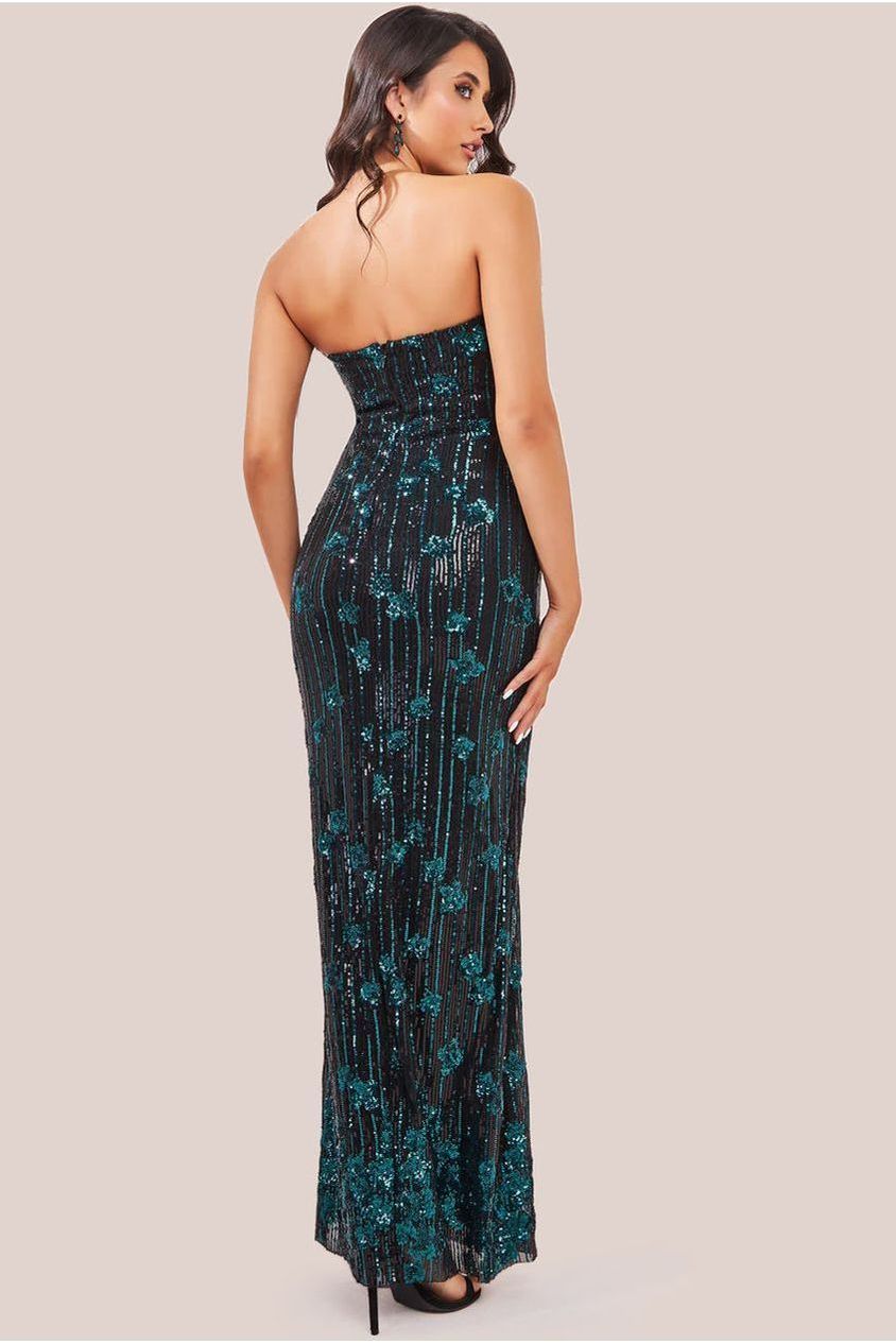 Sequin And Feather Boobtube Maxi - Emerald DR3784