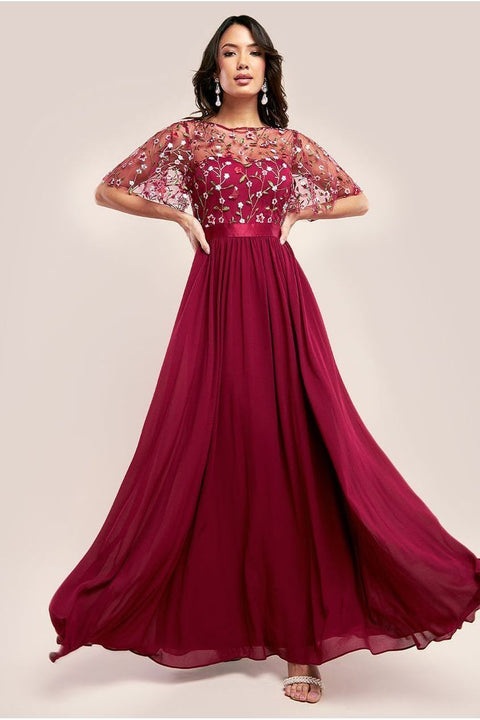 Embroidered Top Flutter Sleeve Maxi - Burgundy by Goddiva