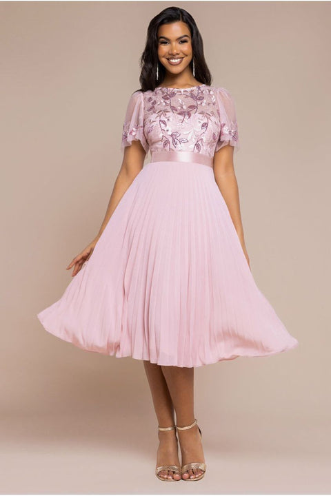 Embroidered Top Chiffon Pleated Midi - Blush Pink by Goddiva