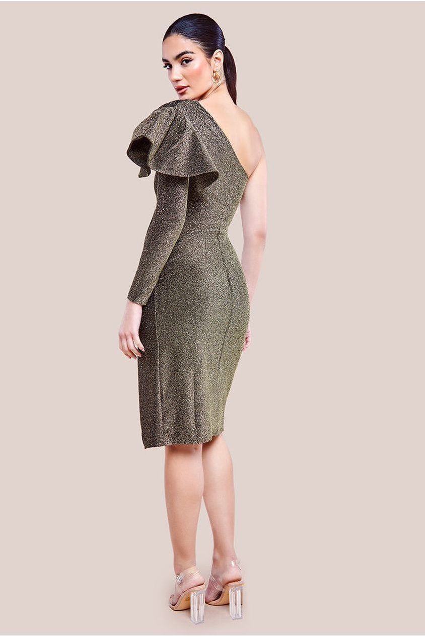 One Sleeve Frill Lurex Midi Dress - Gold DR3806