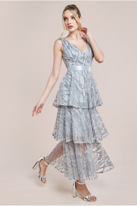 Embroidered Mesh Tiered Midi Dress - Grey by Goddiva