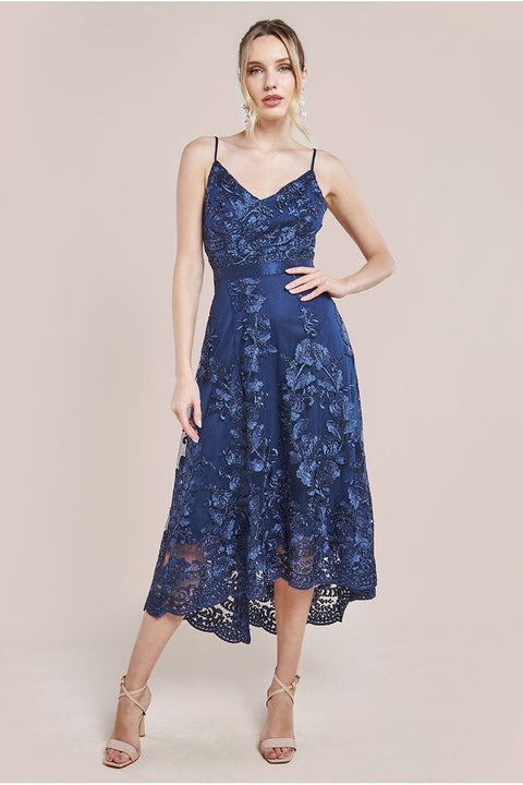 Dipped Hem Sleeveless Lace Midi - Navy by Goddiva