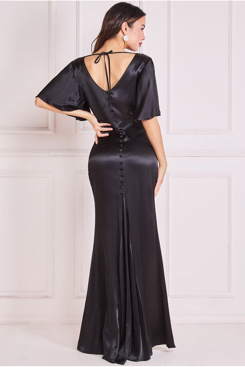 Satin Viscose Cowl Neck Maxi With Train - Black DR3857