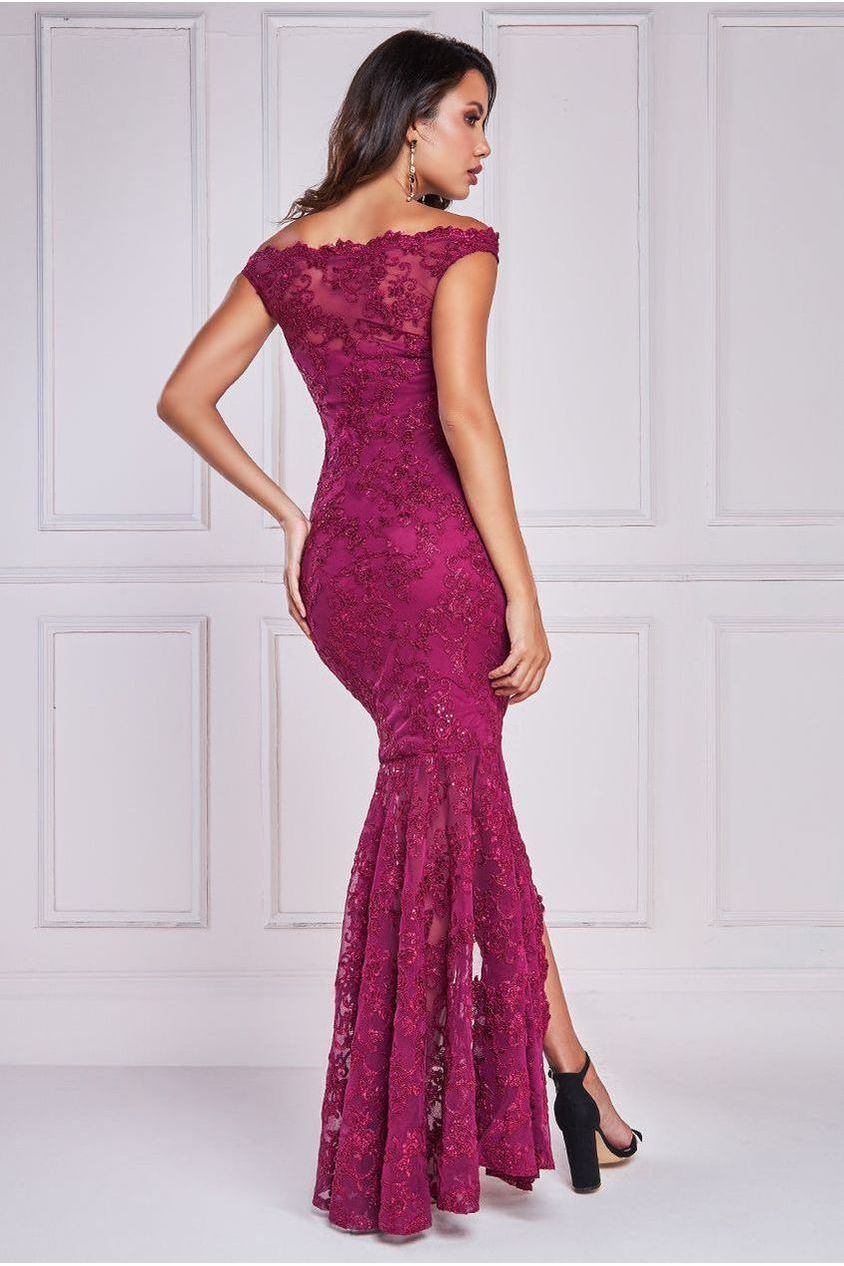 Lace Scallop Edge Mermaid Maxi Dress - Burgundy DR3890