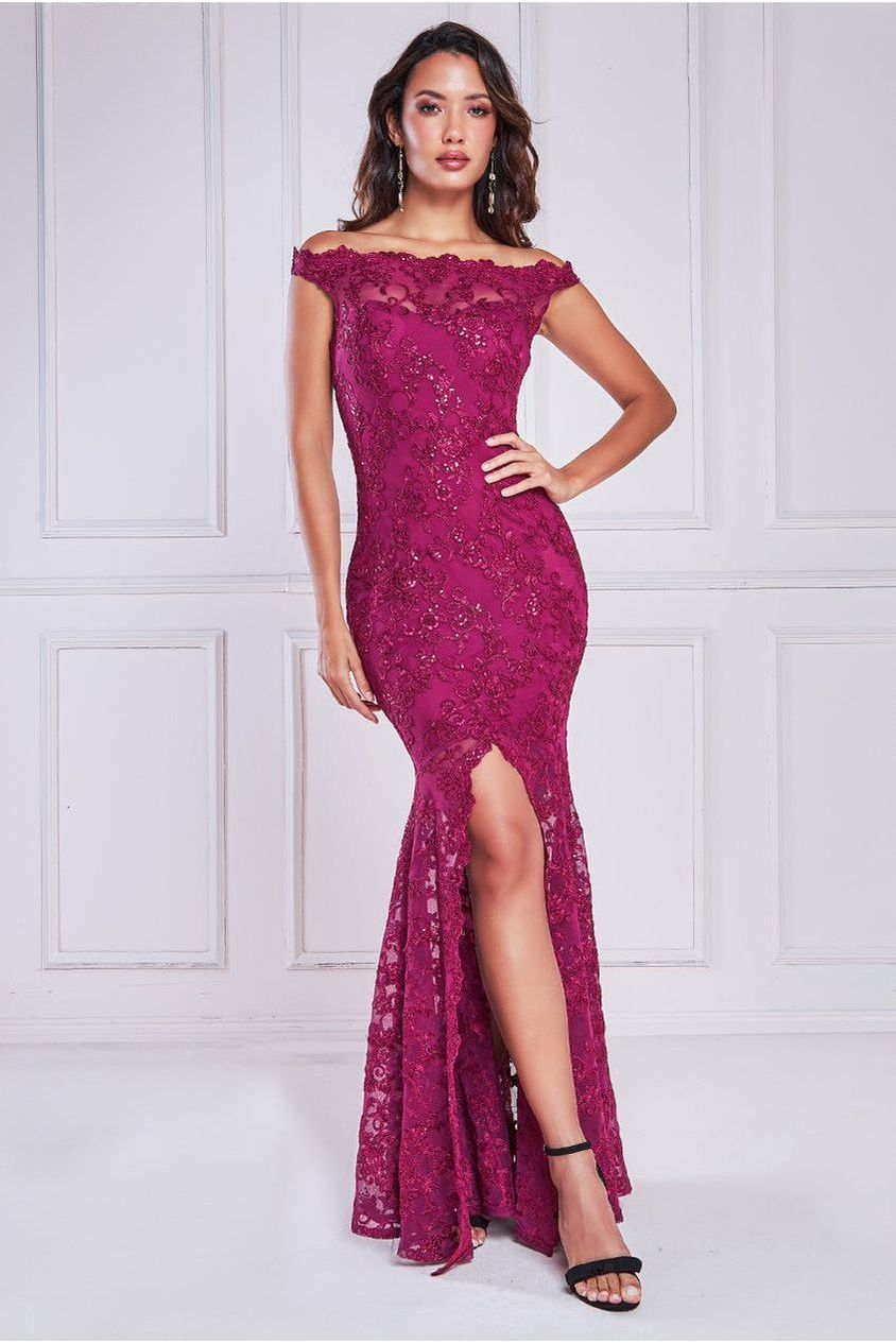 Lace Scallop Edge Mermaid Maxi Dress - Burgundy DR3890