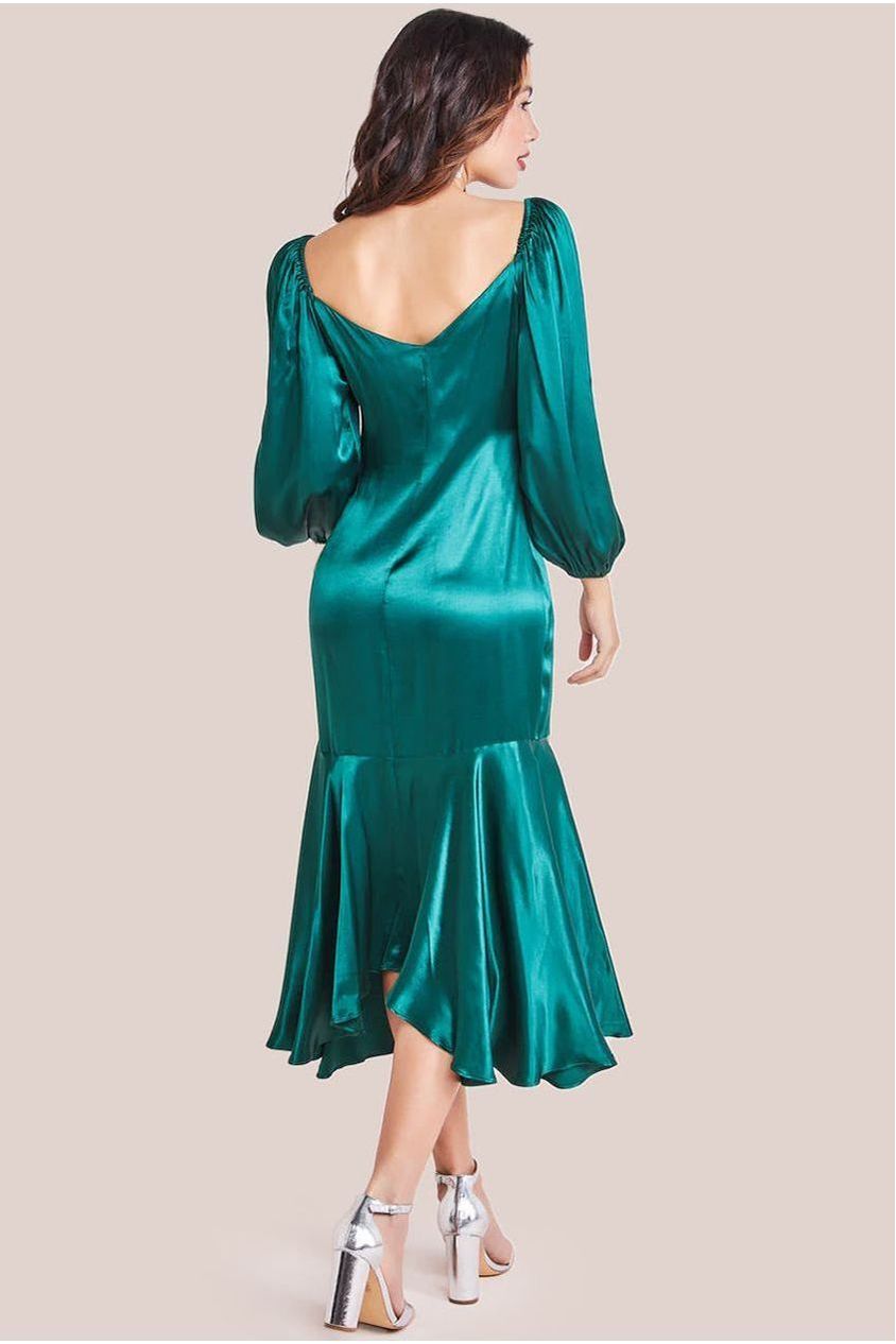 Satin Viscose Front Buttoned Dipped Hem Midaxi Dress - Emerald DR3899