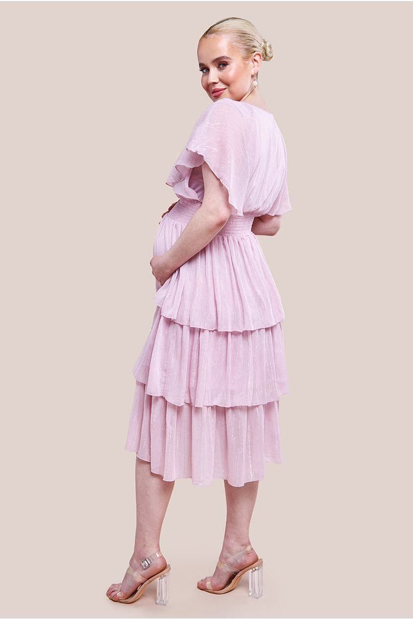 Maternity Plain Lurex Chiffon Tiered Midi Dress - Pink DR3905MAT