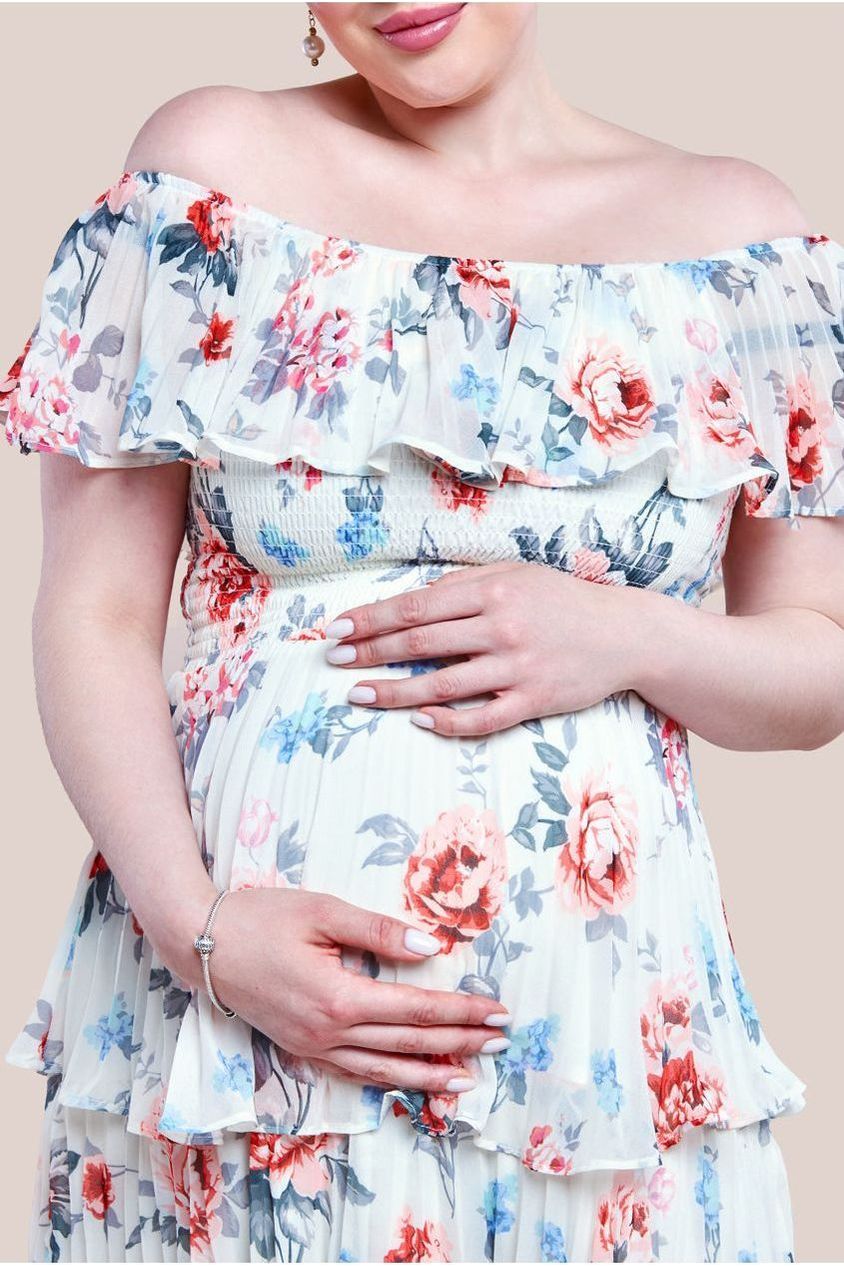 Maternity Pleated Bodice Chiffon Tiered Midi Dress - Cream DR3908MAT