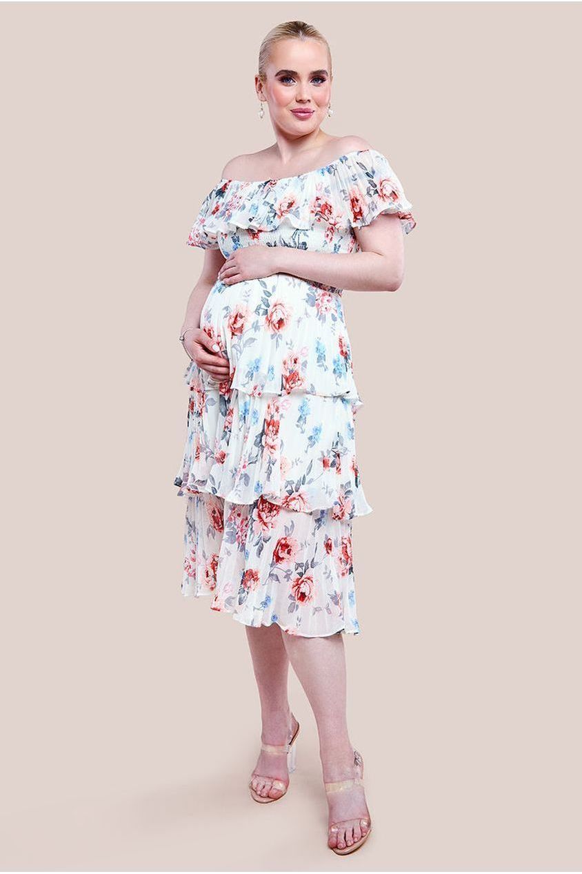 Maternity Pleated Bodice Chiffon Tiered Midi Dress - Cream DR3908MAT