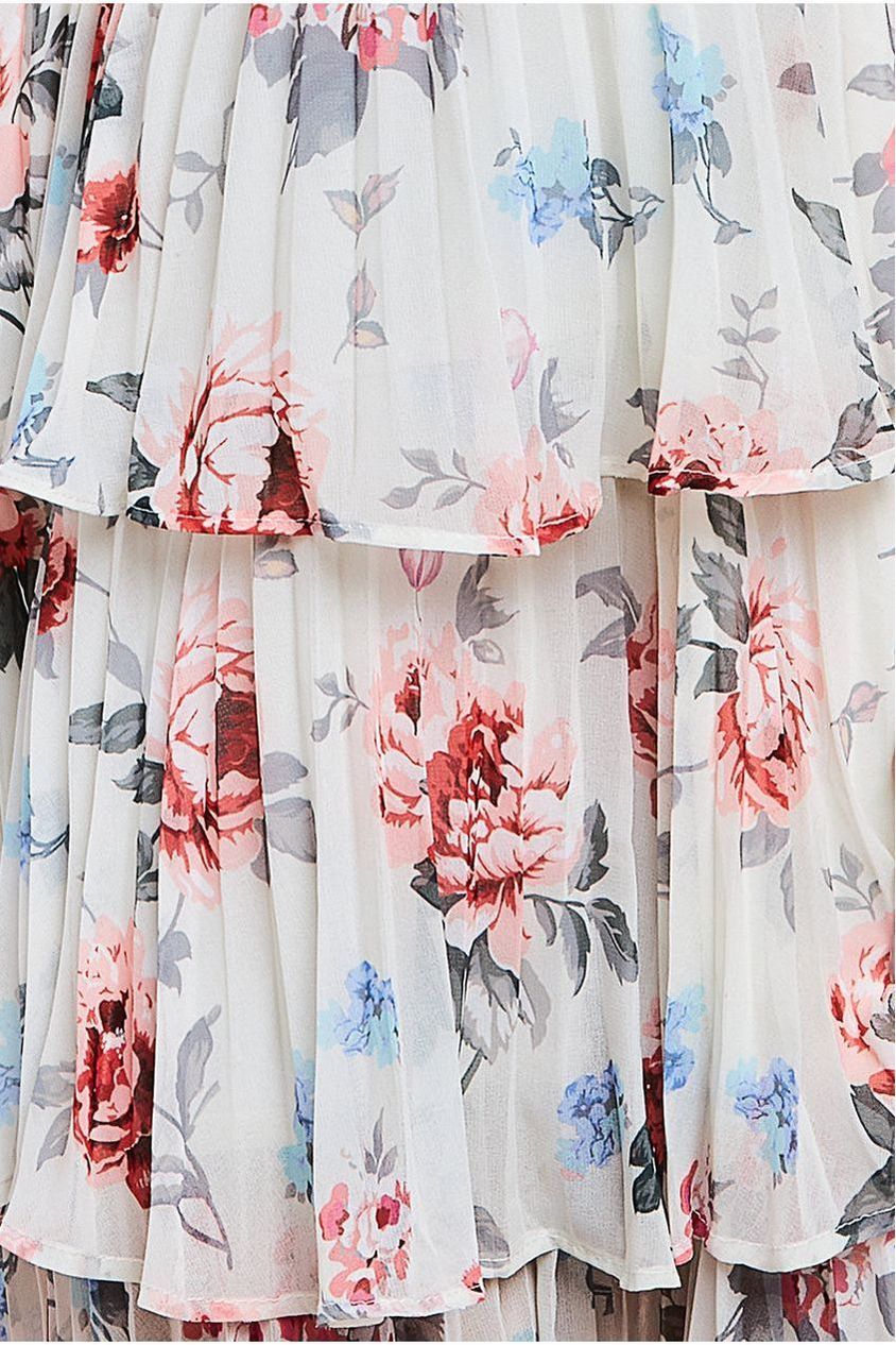 Pleated Bodice Chiffon Tiered Midi Dress - Cream DR3908