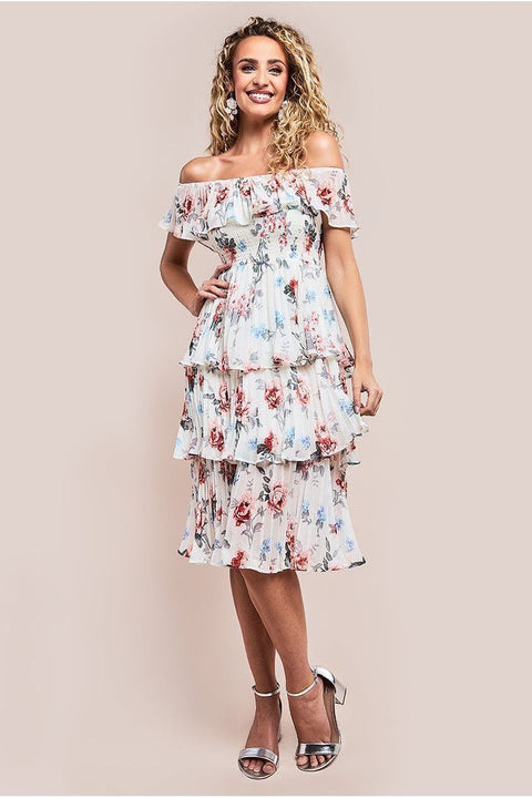 Pleated Bodice Chiffon Tiered Midi Dress - Cream by Goddiva