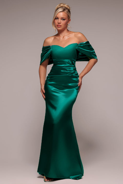 Off Shoulder Satin Maxi With V Neck - Emerald by Goddiva