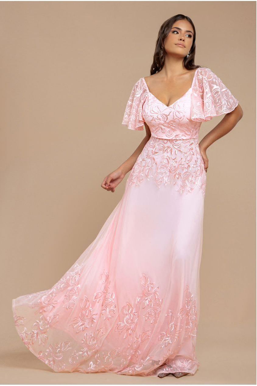 Lace Flutter Sleeve Embroidered Mesh A Line Maxi Dress - Pink DR3942