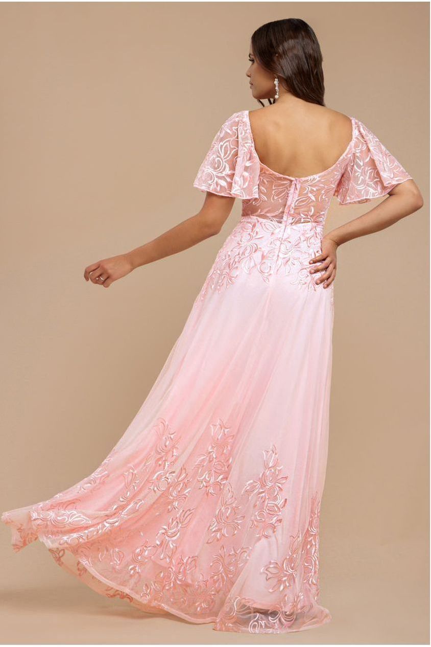 Lace Flutter Sleeve Embroidered Mesh A Line Maxi Dress - Pink DR3942