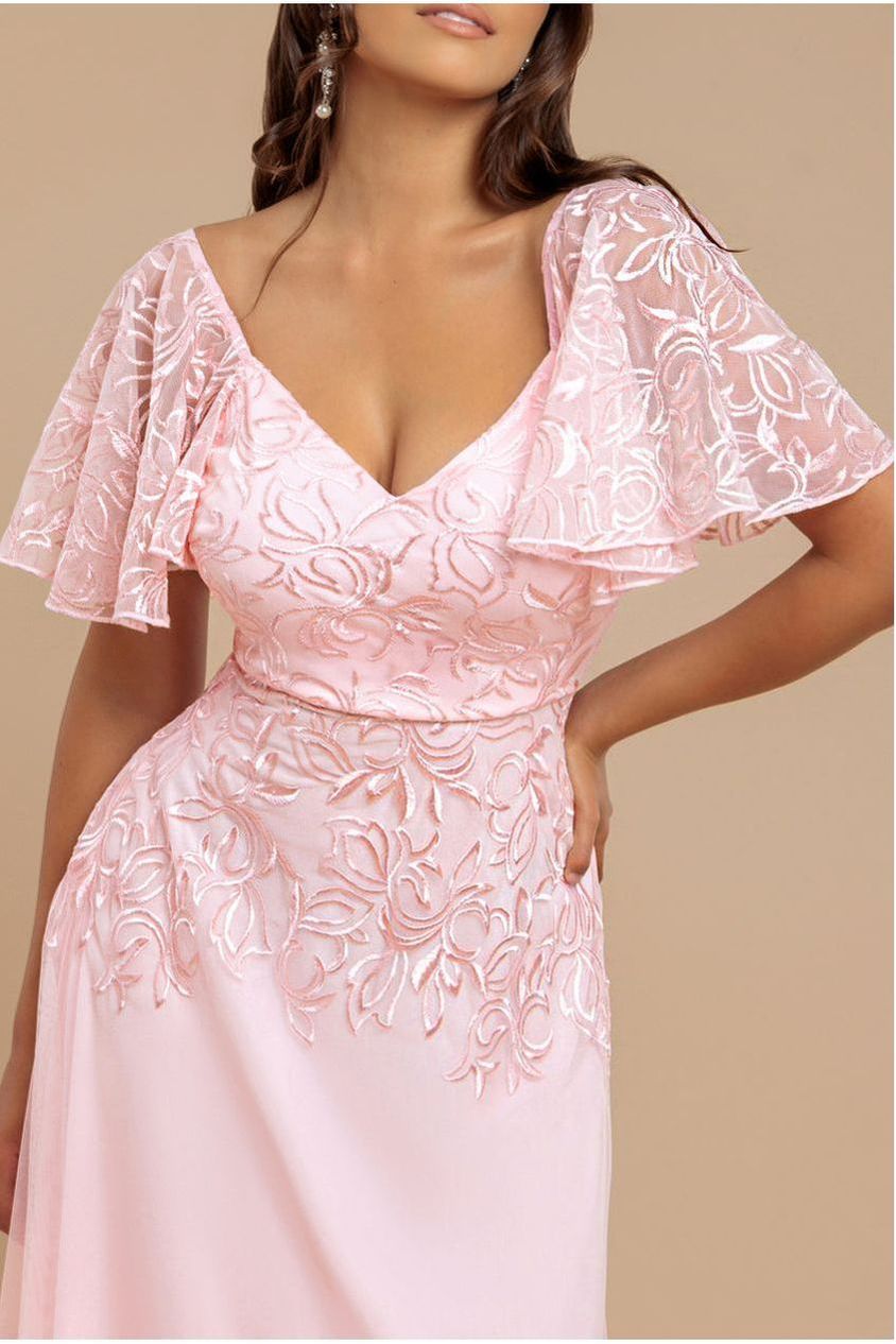Lace Flutter Sleeve Embroidered Mesh A Line Maxi Dress - Pink DR3942
