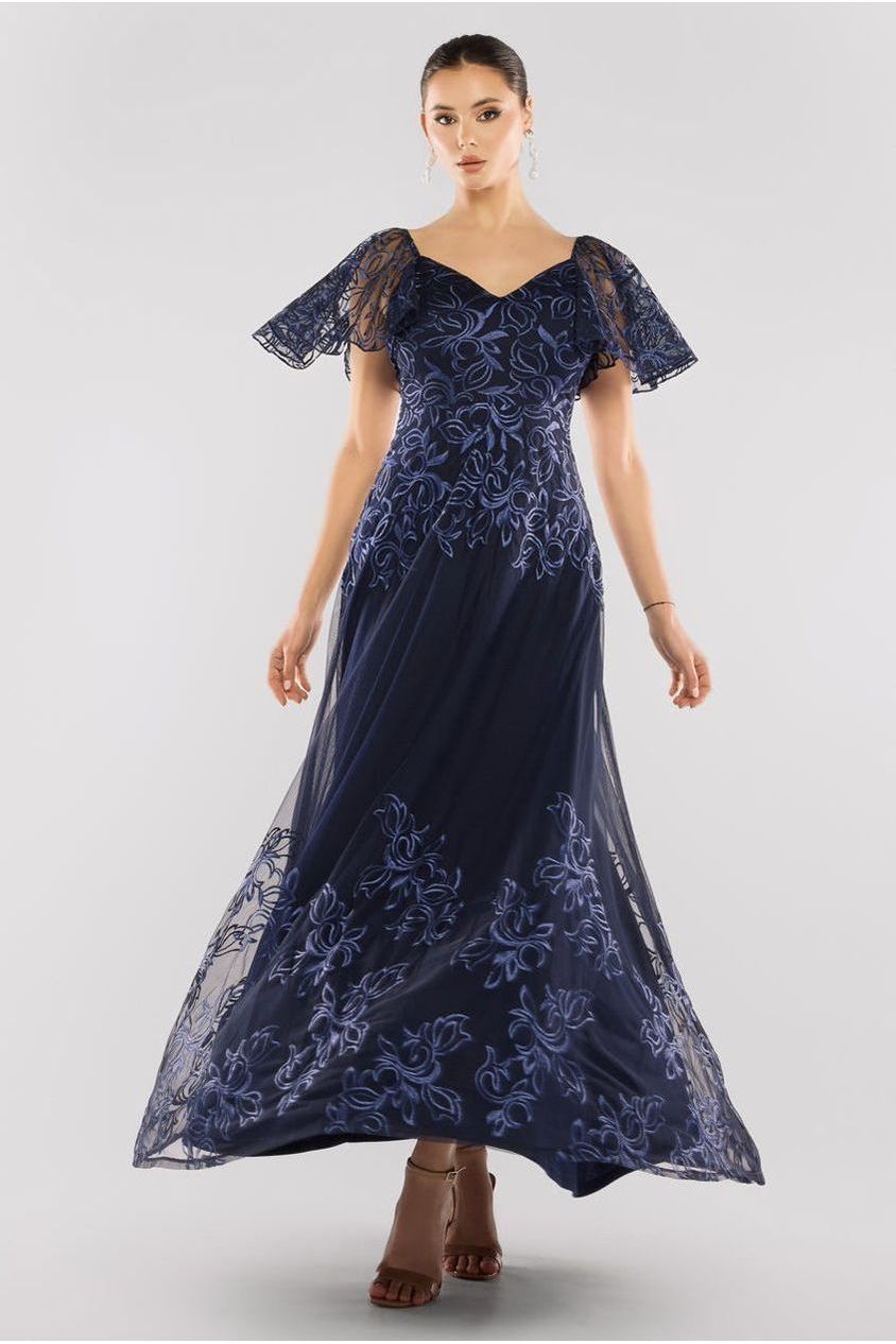 Lace Flutter Sleeve Embroidered Mesh A Line Maxi Dress - Navy Blue DR3942