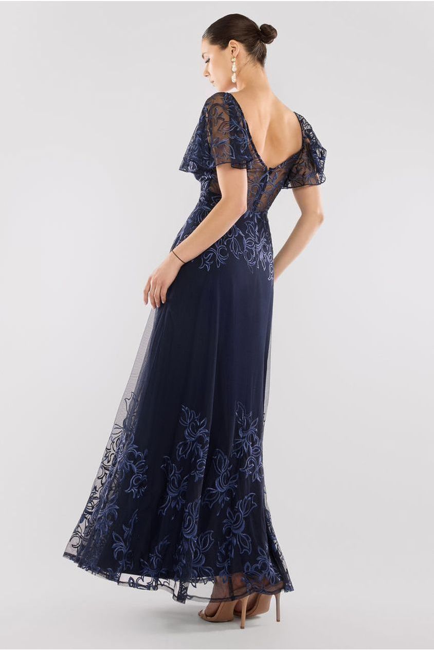 Lace Flutter Sleeve Embroidered Mesh A Line Maxi Dress - Navy Blue DR3942