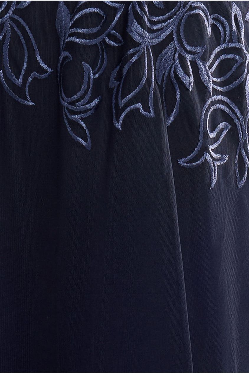 Lace Flutter Sleeve Embroidered Mesh A Line Maxi Dress - Navy Blue DR3942
