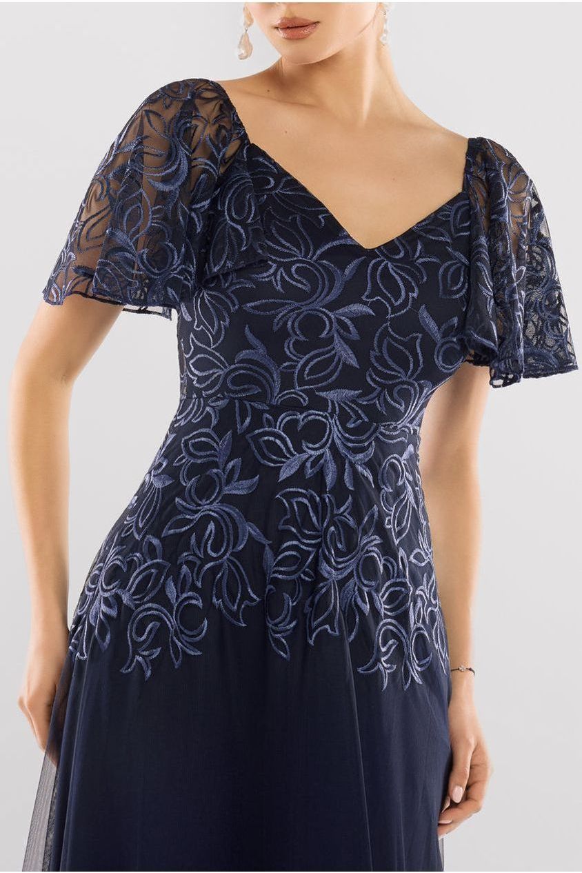Lace Flutter Sleeve Embroidered Mesh A Line Maxi Dress - Navy Blue DR3942