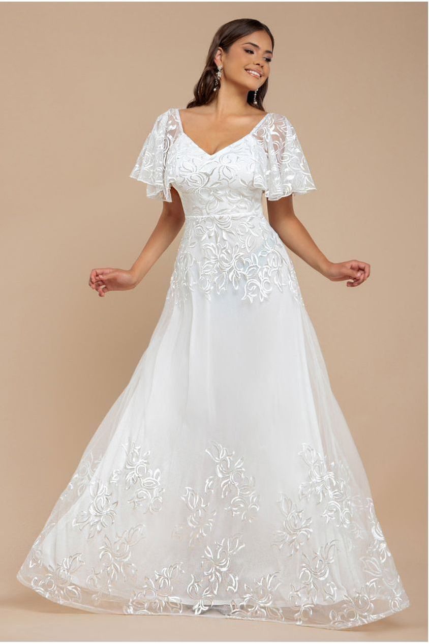 Lace Flutter Sleeve Embroidered Mesh A Line Maxi Dress - White DR3942