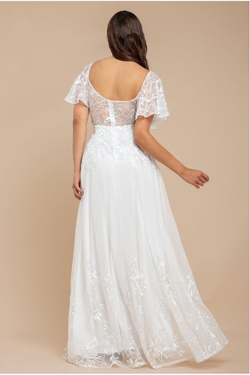 Lace Flutter Sleeve Embroidered Mesh A Line Maxi Dress - White DR3942
