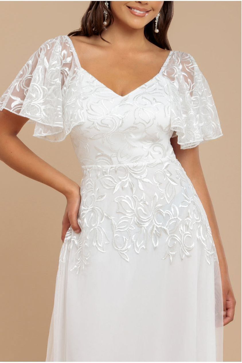 Lace Flutter Sleeve Embroidered Mesh A Line Maxi Dress - White DR3942