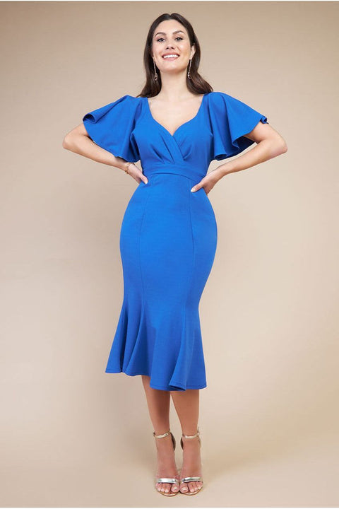 Flared Sleeve Front Wrap Midi Dress - Royal Blue by Goddiva