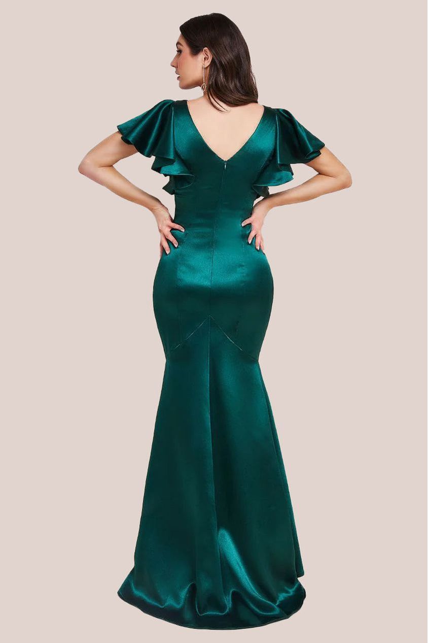 Satin Flutter Sleeve Mermaid Maxi - Emerald Green DR3954