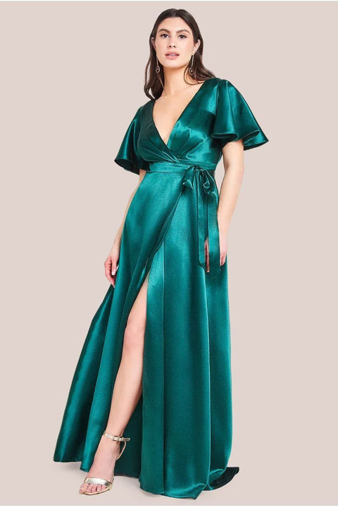 Flutter Sleeve Wrapover Satin Maxi Dress - Emerald Green by Goddiva