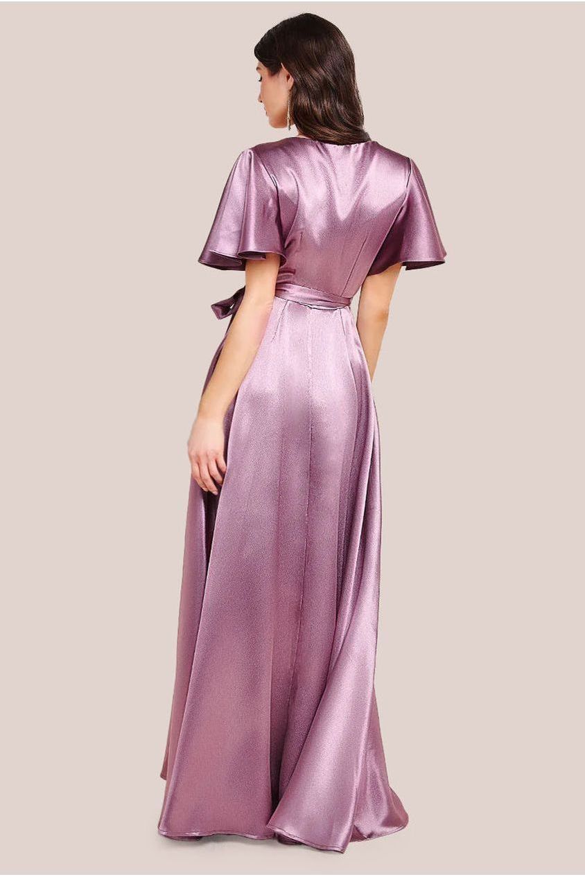 Flutter Sleeve Wrapover Satin Maxi Dress - Rose Pink DR3955