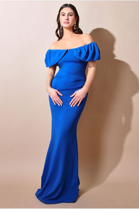 Scuba Crepe Pleated Bardot Maxi - Royalblue by Goddiva