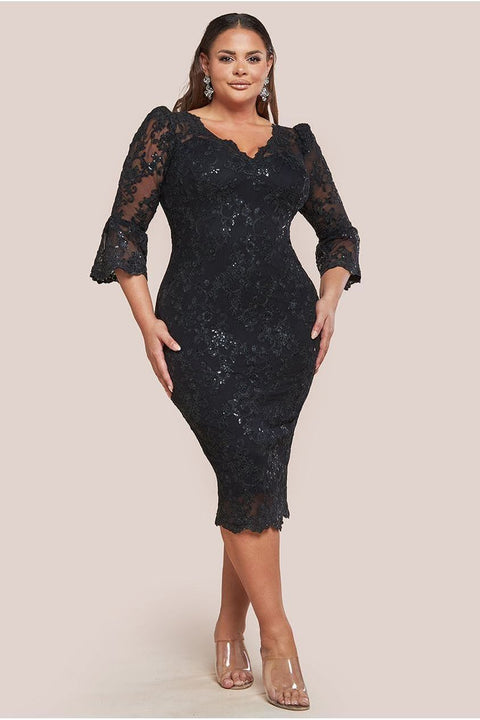 Scallop Lace Midi Dress - Black by Goddiva Plus
