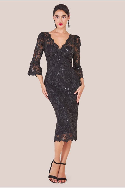Sequin Scallop Lace Midi Dress - Black by Goddiva